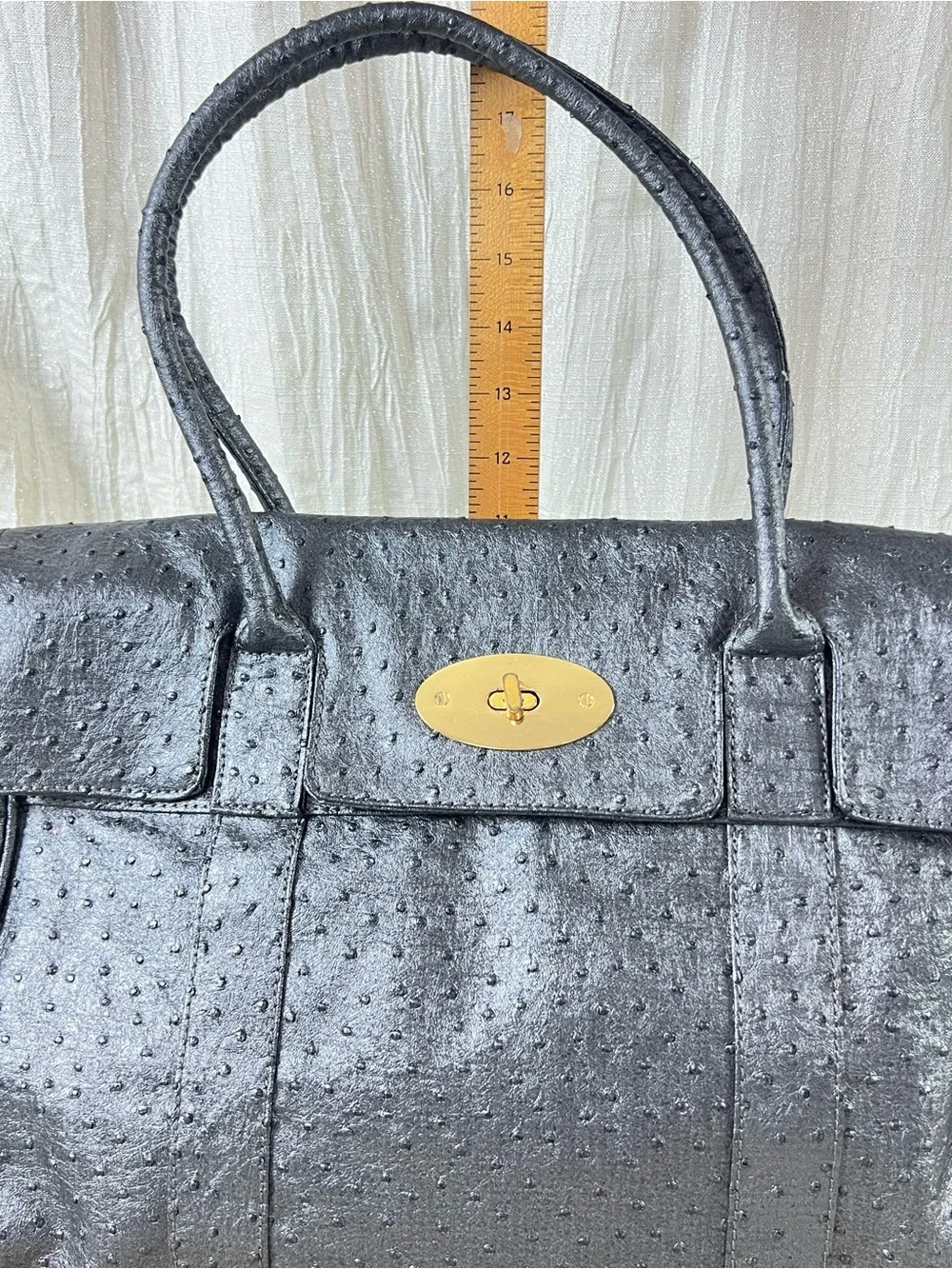 ULE Black Ostrich Embossed Vegan Leather Satchel Turn Lock Top Handle Bag